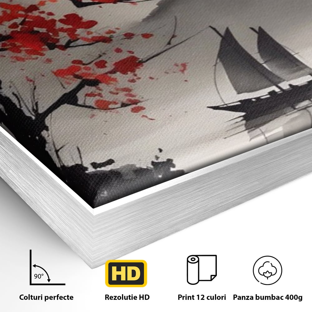 Detaliu al suprafetei: tablou canvas cu barca si copac rosu, in rama de aluminiu argintiu